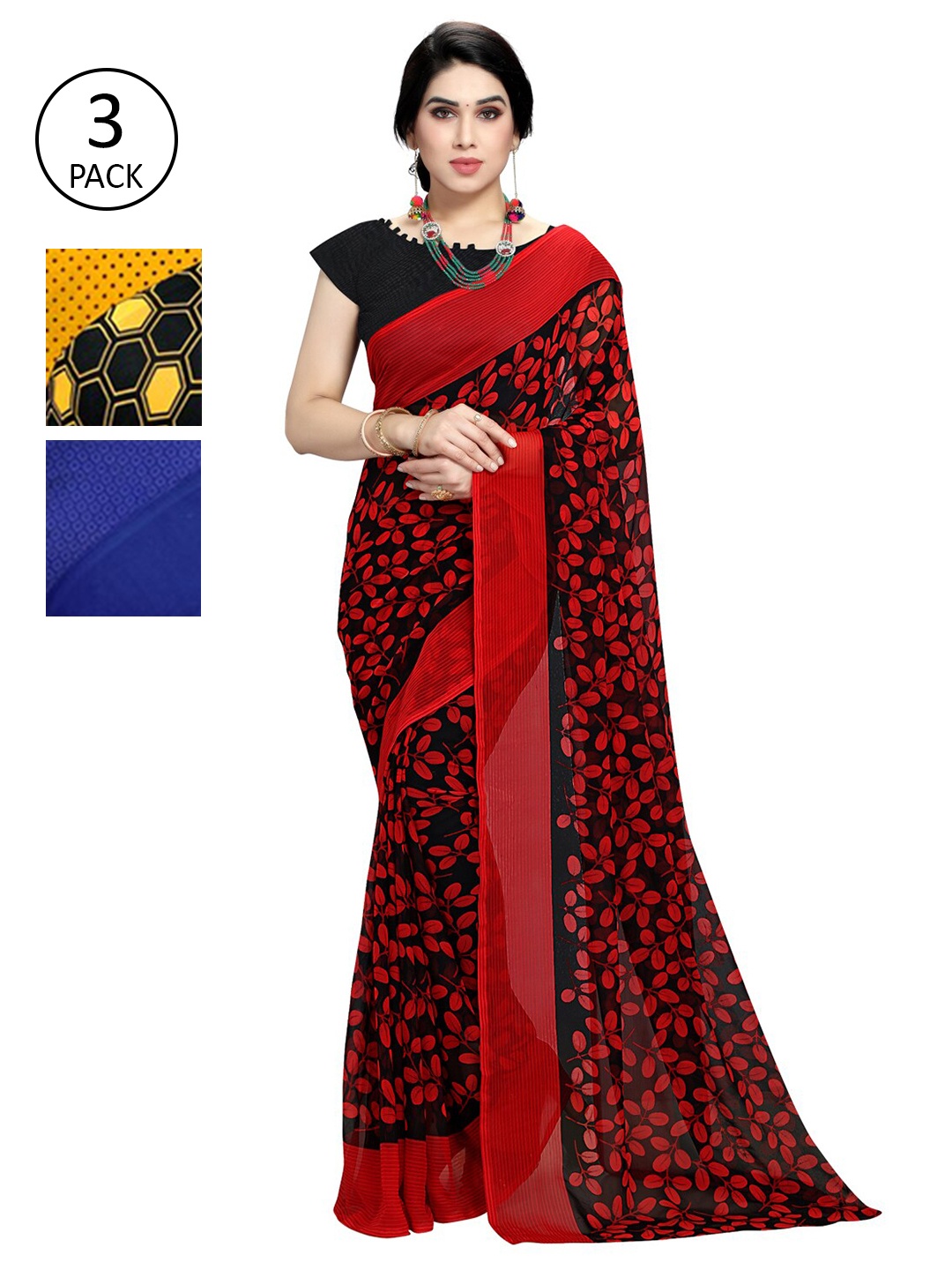 

KALINI Pack Of 3 Sarees, Red