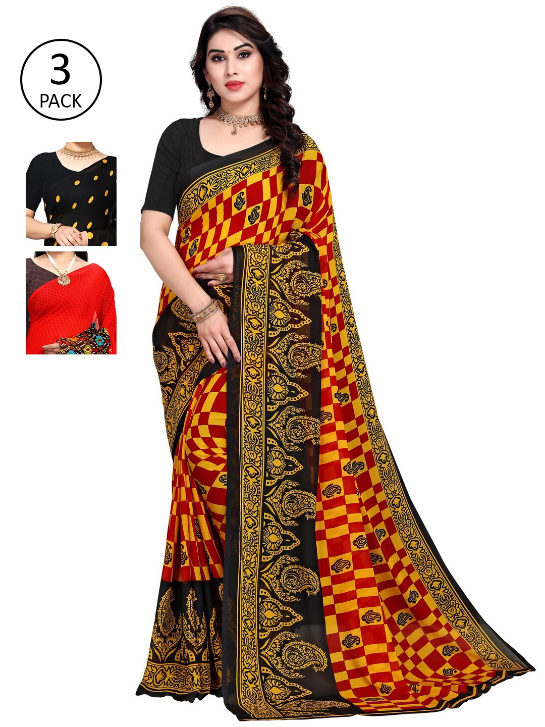 

KALINI Pack of 3 Printed Poly Georgette Saree, Multi