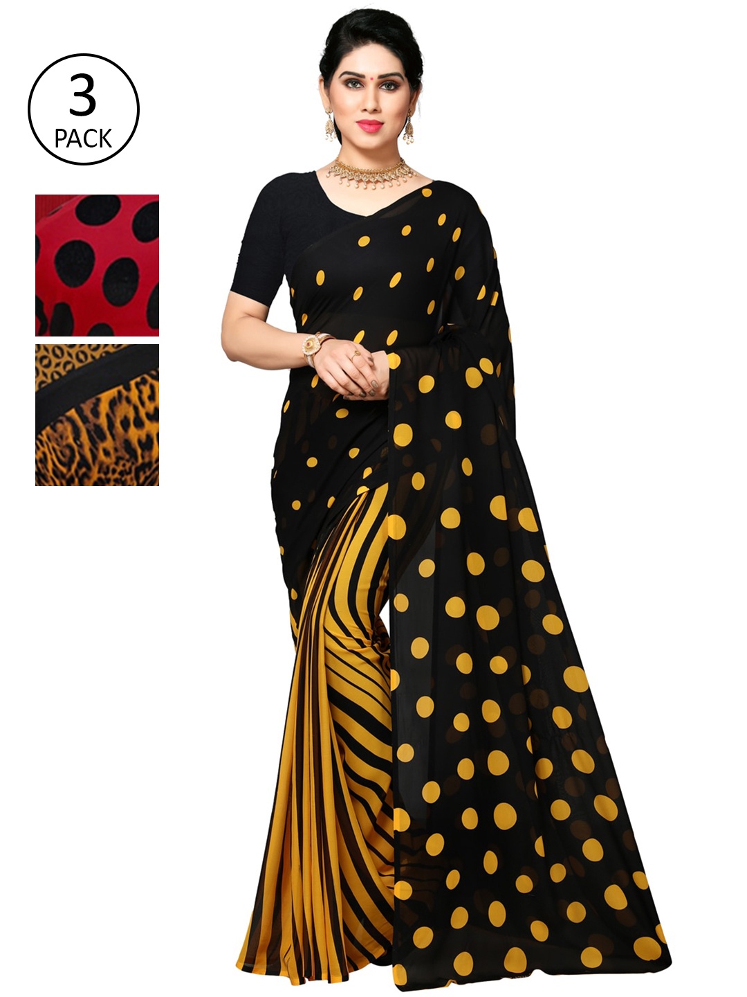 

ANAND SAREES Pack of 3 Poly Georgette Sarees, Red