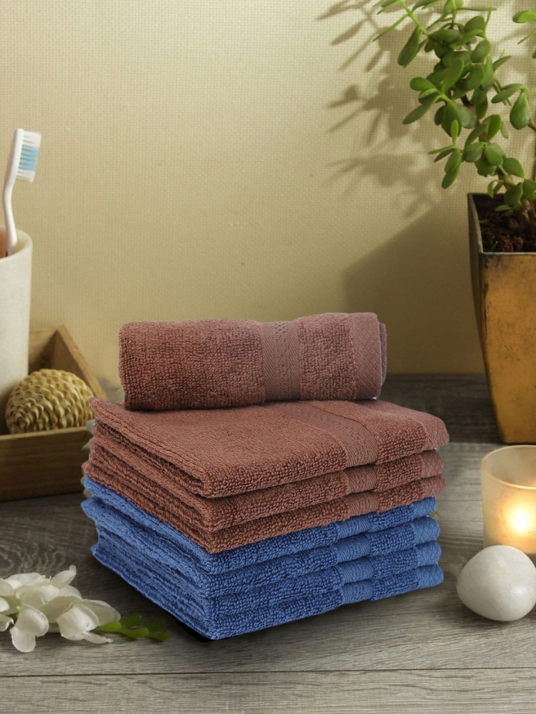 

BIANCA Blue & Brown Set of 8 Solid 500 GSM Cotton Face Towels