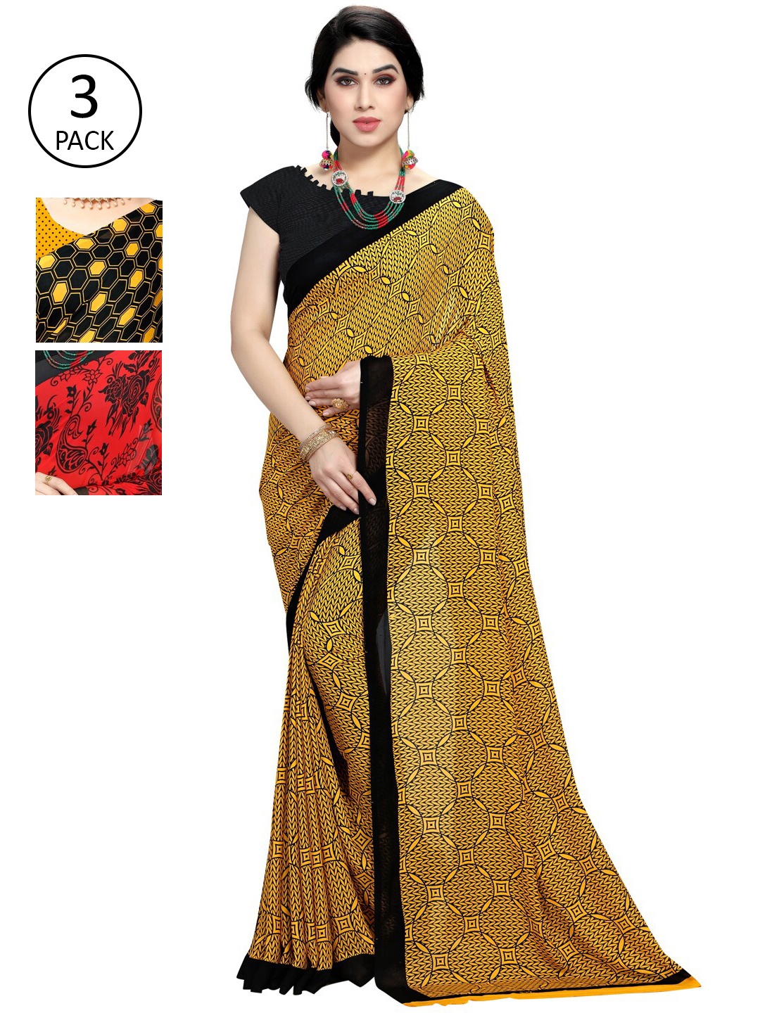 

KALINI Pack of 3 Red & Black Printed Saree