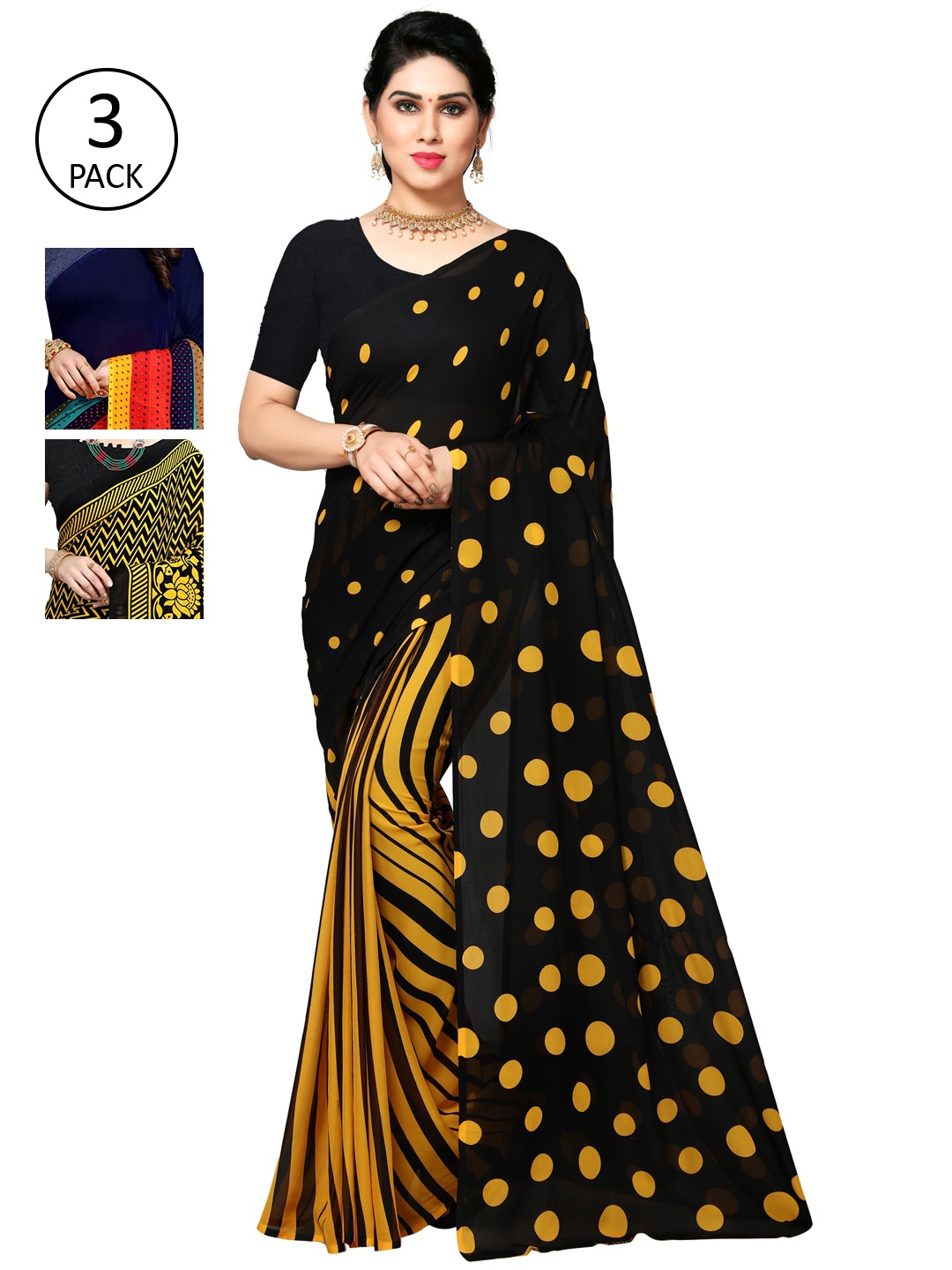 

KALINI Pack of 3 Poly Georgette Sarees, Yellow