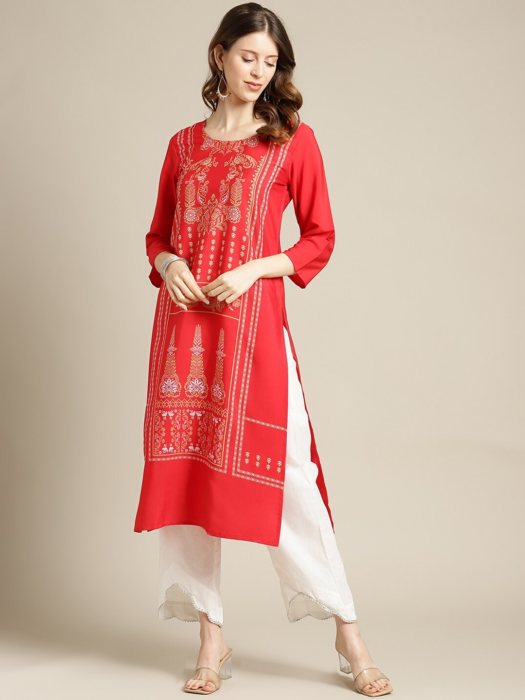 

KSUT Women Red & Golden Printed Straight Kurta
