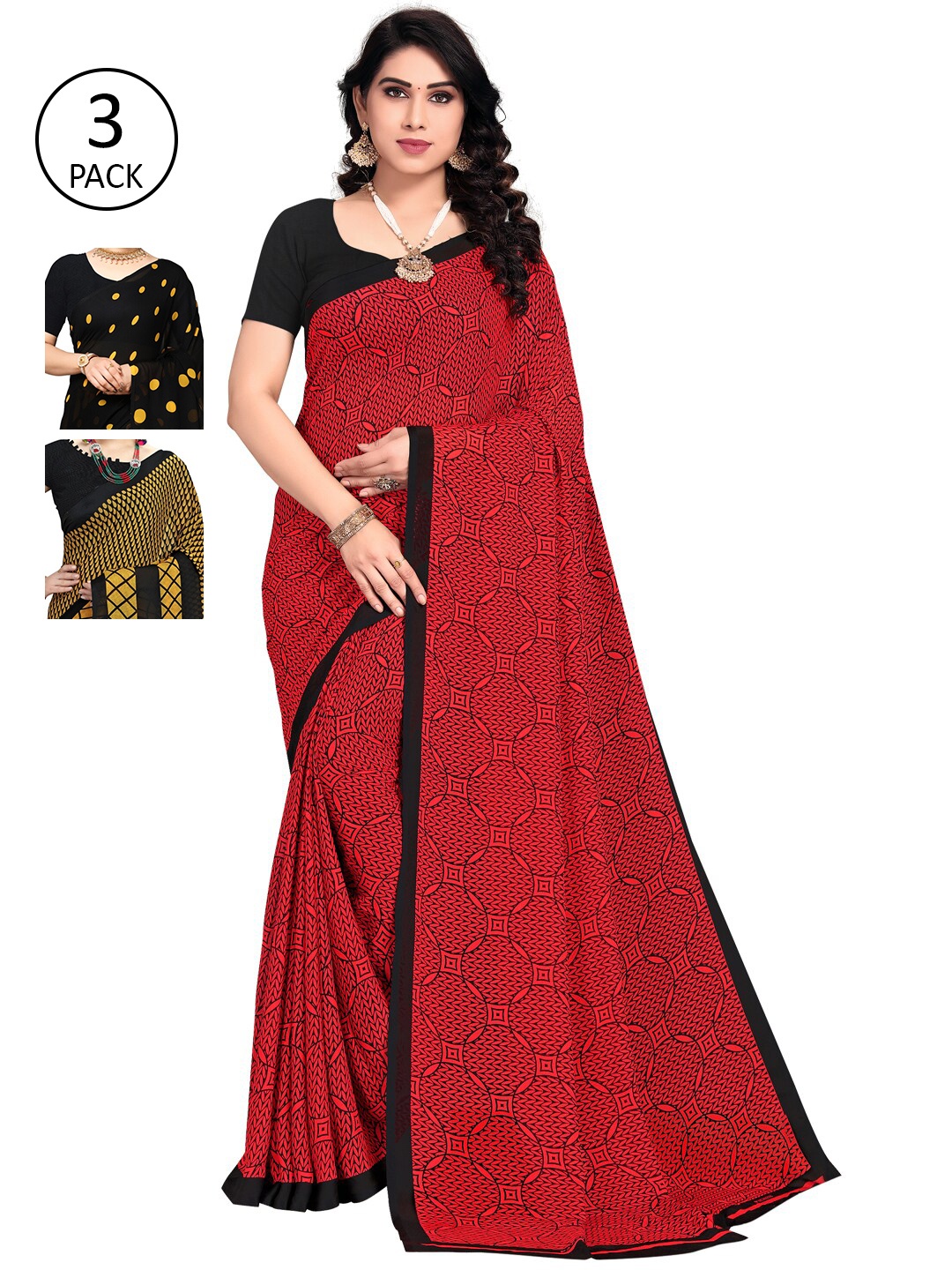 

KALINI Women Pack of 3 Printed Sarees, Black