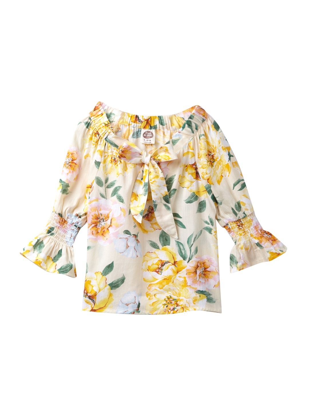 

Cub McPaws Cream-Coloured & Green Floral Bell Sleeve Regular Top