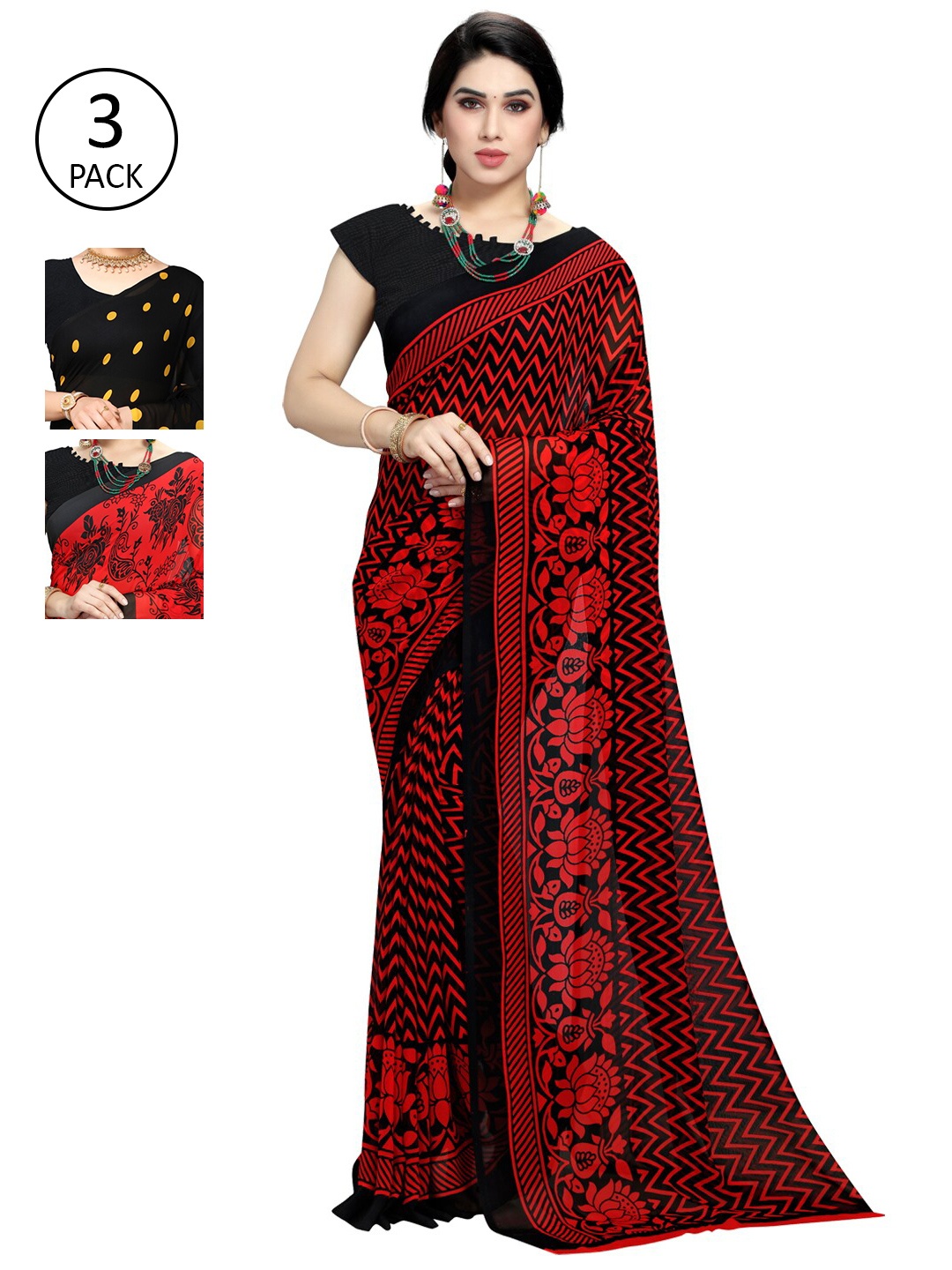 

KALINI Pack of 3 Poly Georgette Printed Sarees, Black