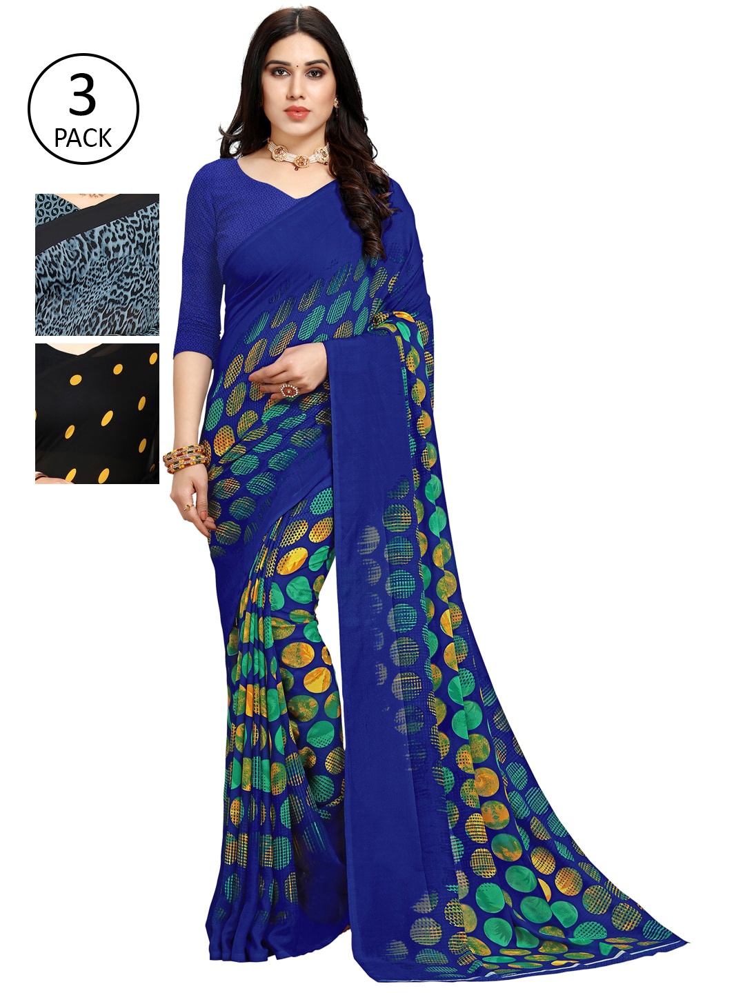 ANAND SAREES Pack of 3 Poly Georgette Sarees, Blue