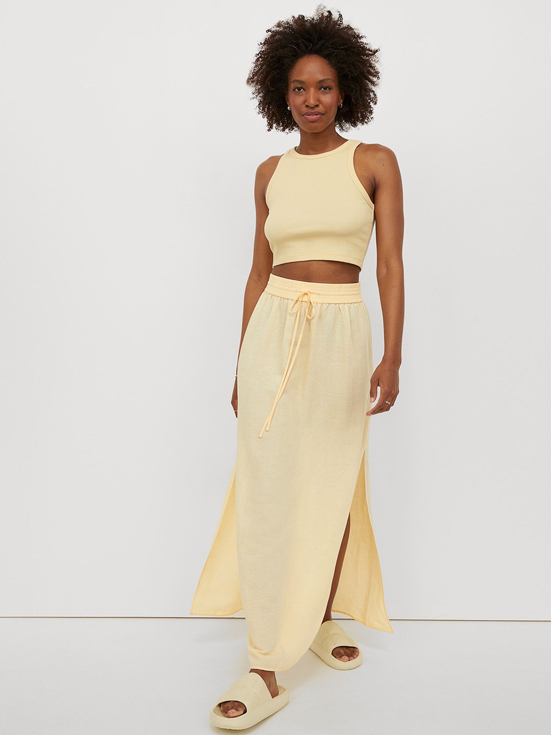 

H&M Women Yellow Solid Long Linen-Blend Skirt