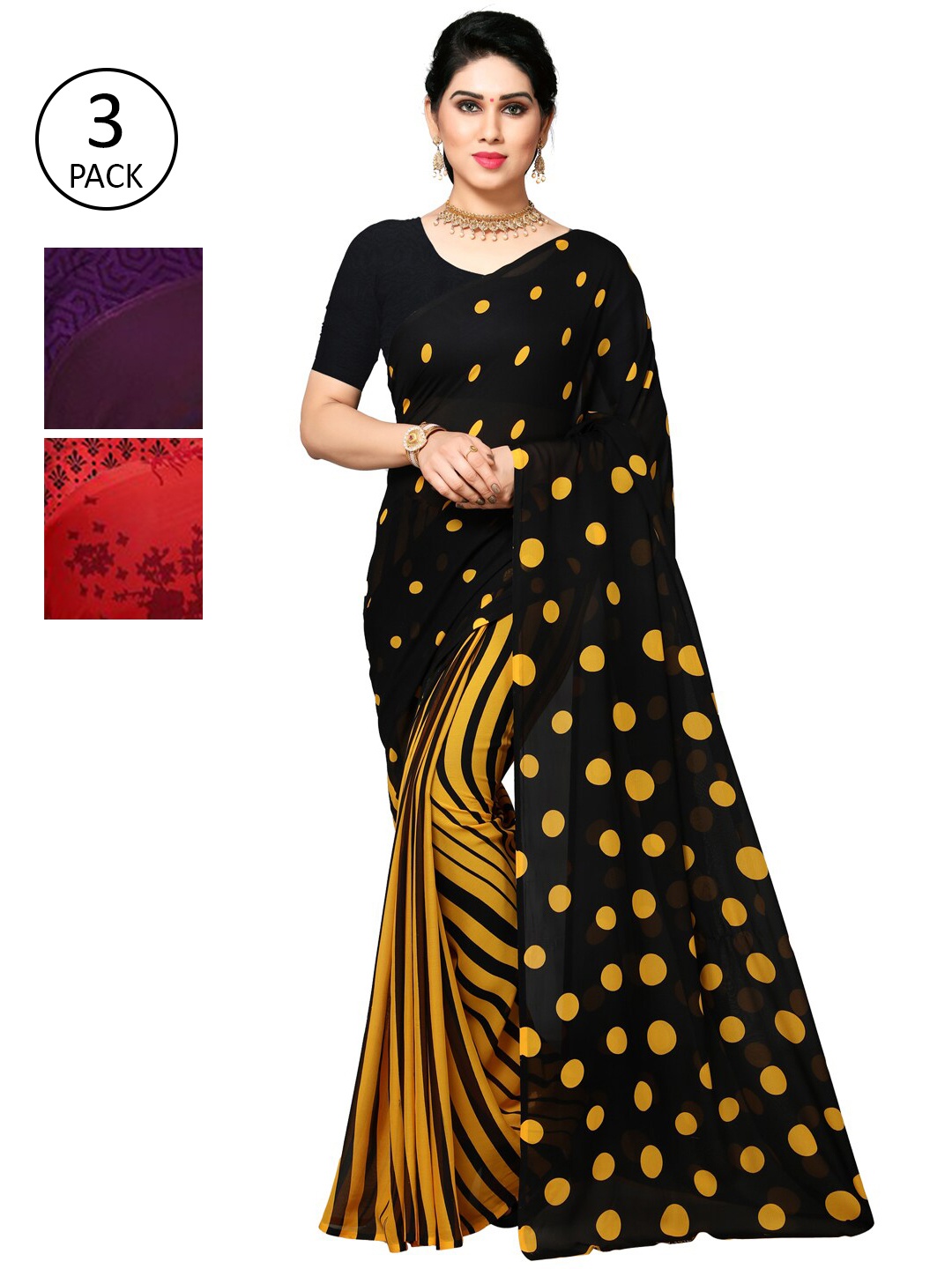 

KALINI Pack of 3 Poly Georgette Sarees, Black