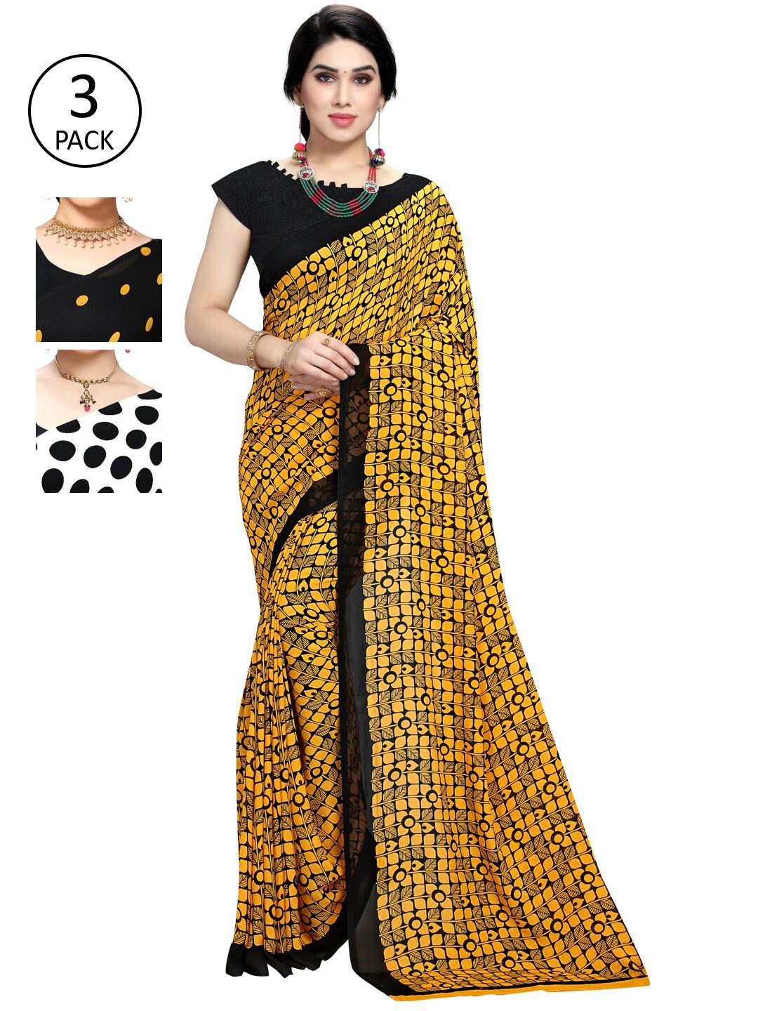 

KALINI Pack Of 3 Printed Sarees, Black