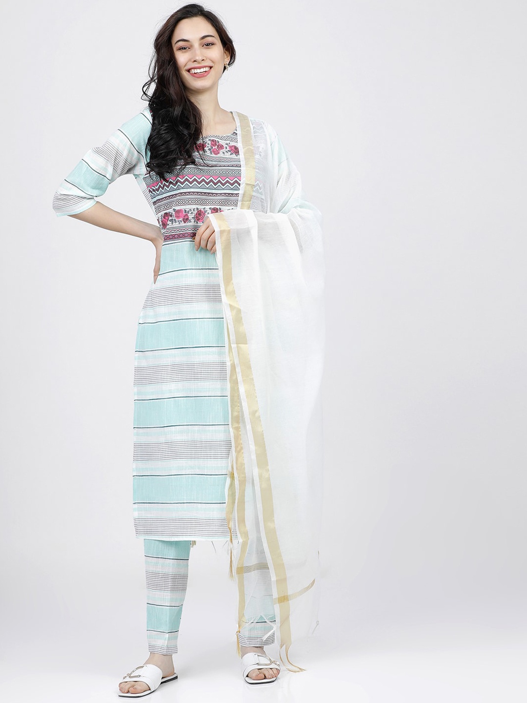 

Vishudh Women Turquoise Blue Striped Pure Cotton Kurta with Trousers & With Dupatta
