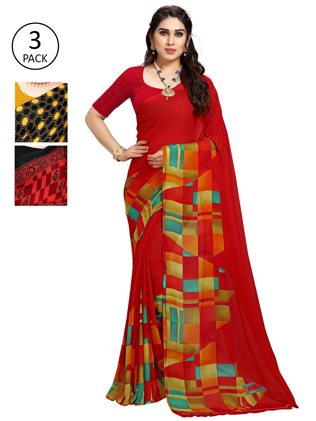 

KALINI Women Pack of 3 Printed Sarees, Yellow