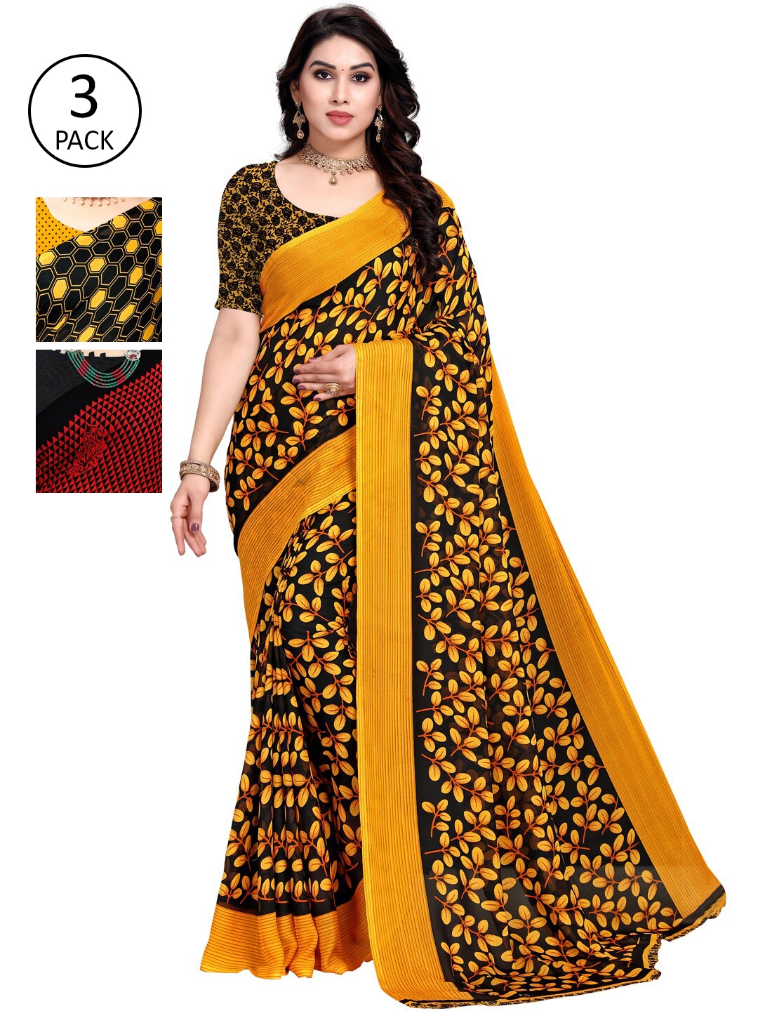 

KALINI Pack Of 3 Yellow & Red Woven Design Poly Georgette Saree