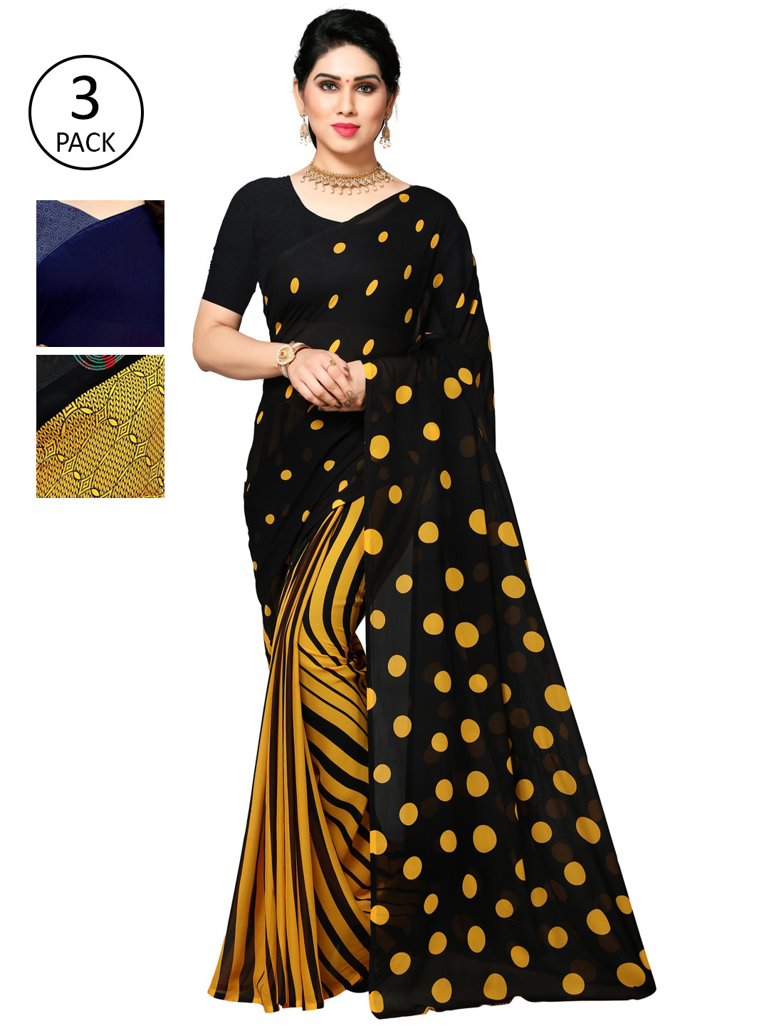 

KALINI Pack of 3 Poly Georgette Sarees, Yellow