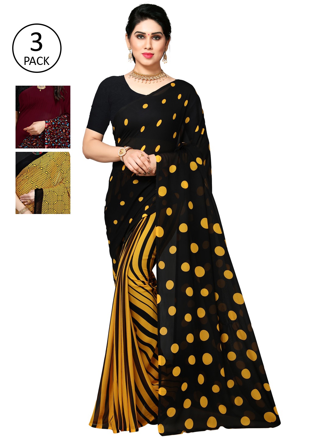 

KALINI Pack of 3 Printed Poly Georgette Saree, Multi