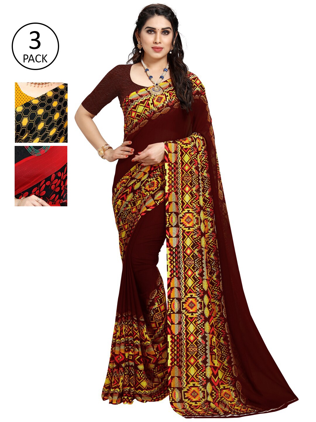 

KALINI Pack of 3 Poly Georgette Printed Sarees, Black