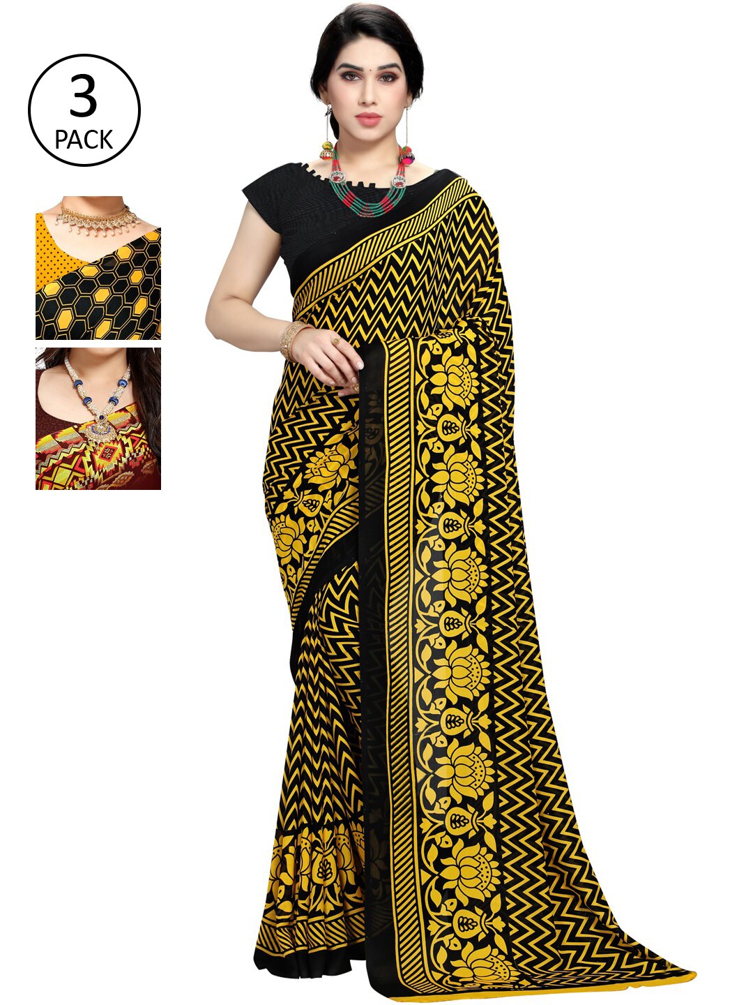 

KALINI Women Pack of 3 Printed Sarees, Yellow