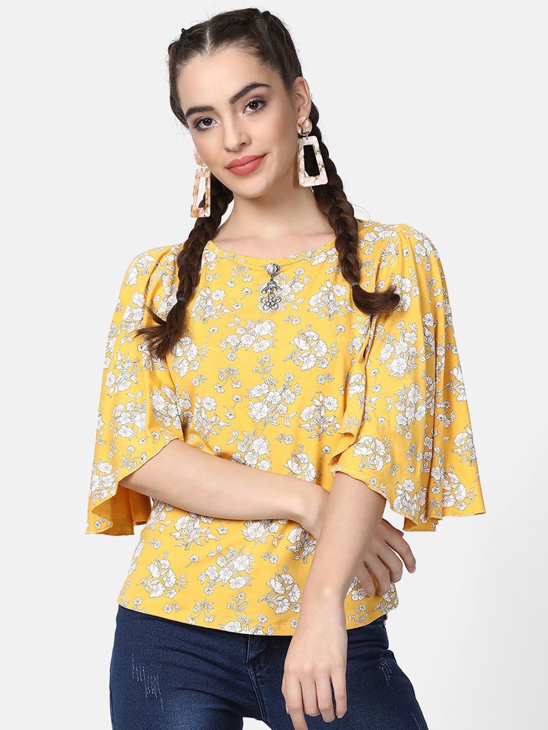 

V2 Value & Variety Women Mustard Yellow & White Floral Pure Cotton Regular Top