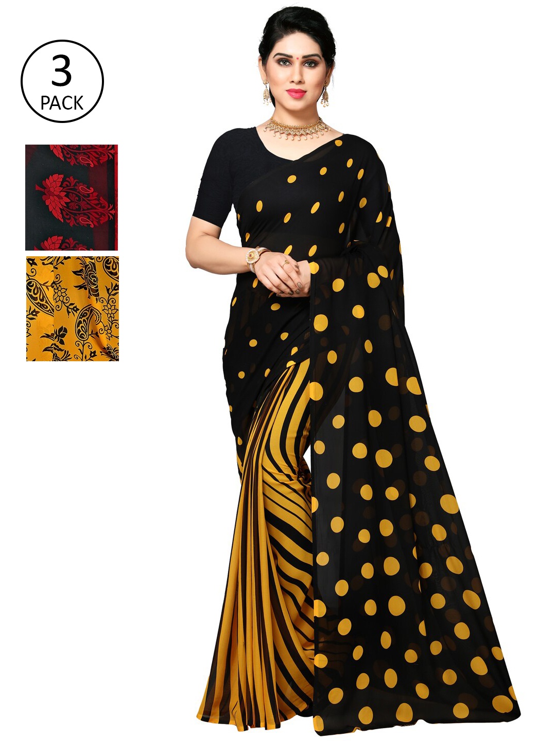 

KALINI Yellow & Black Pack of 3 Printed Saree