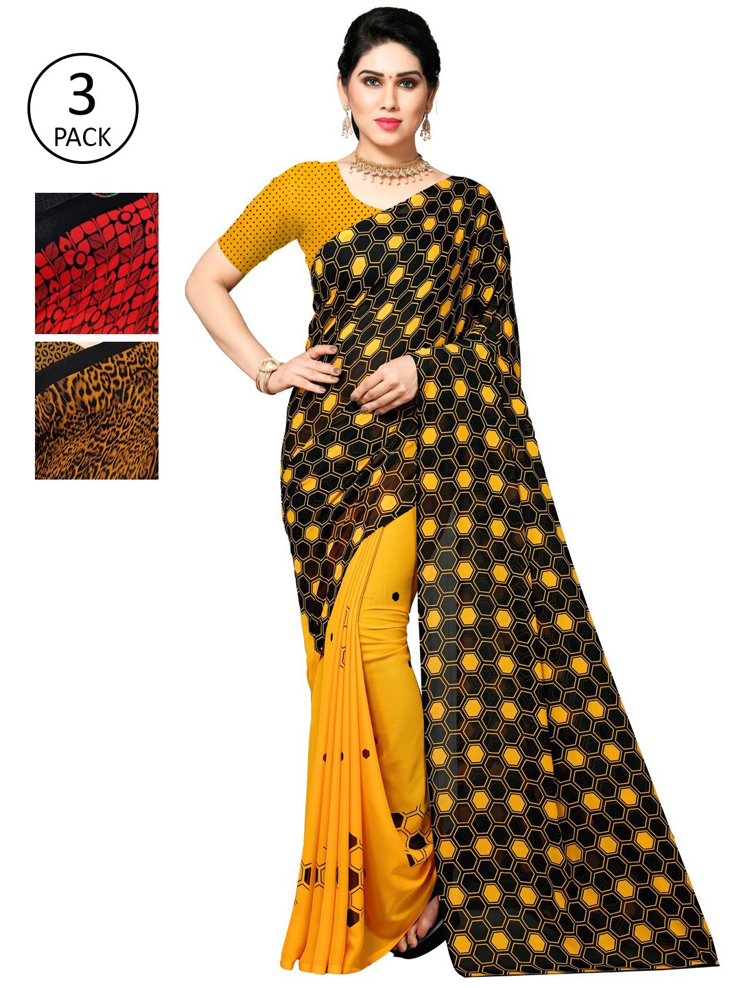 

KALINI Pack of 3 Poly Georgette Printed Sarees, Yellow
