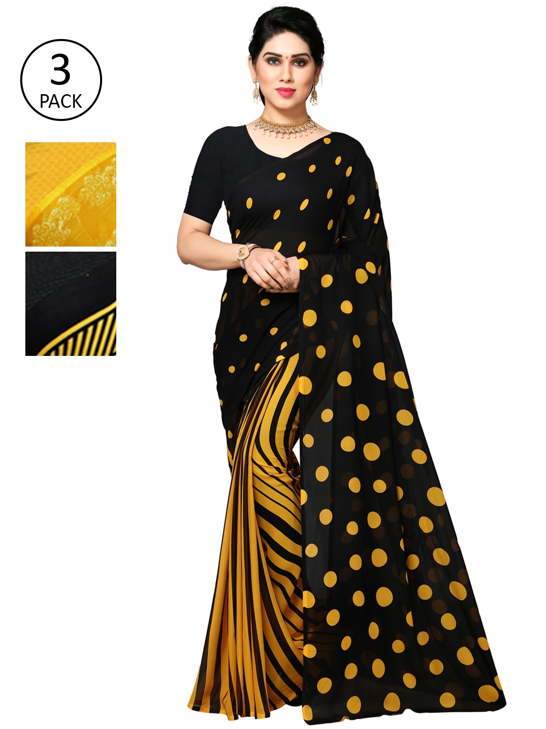 

KALINI Pack of 3 Poly Georgette Sarees, Yellow