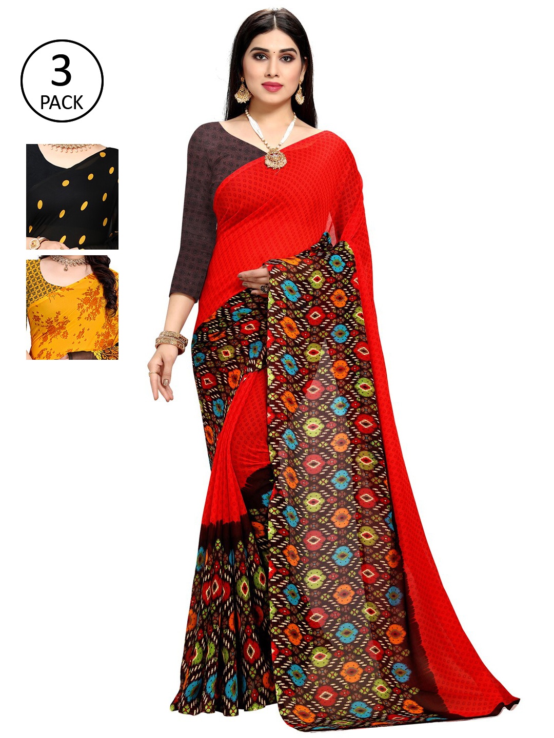 

KALINI Multicoloured Set of 3 Poly Georgette Saree, Multi