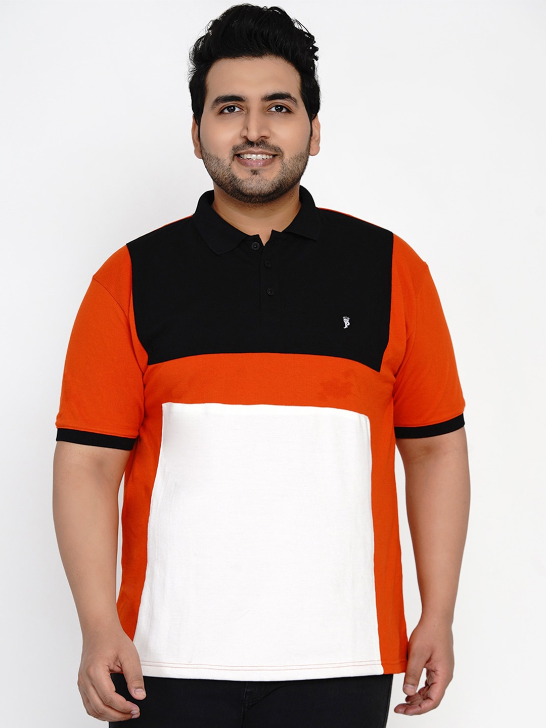 

John Pride Men Orange & White Colourblocked Polo Collar T-shirt