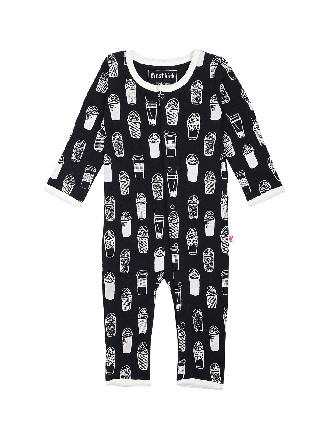 

First Kick Infants Black & White Printed Organic Cotton Rompers