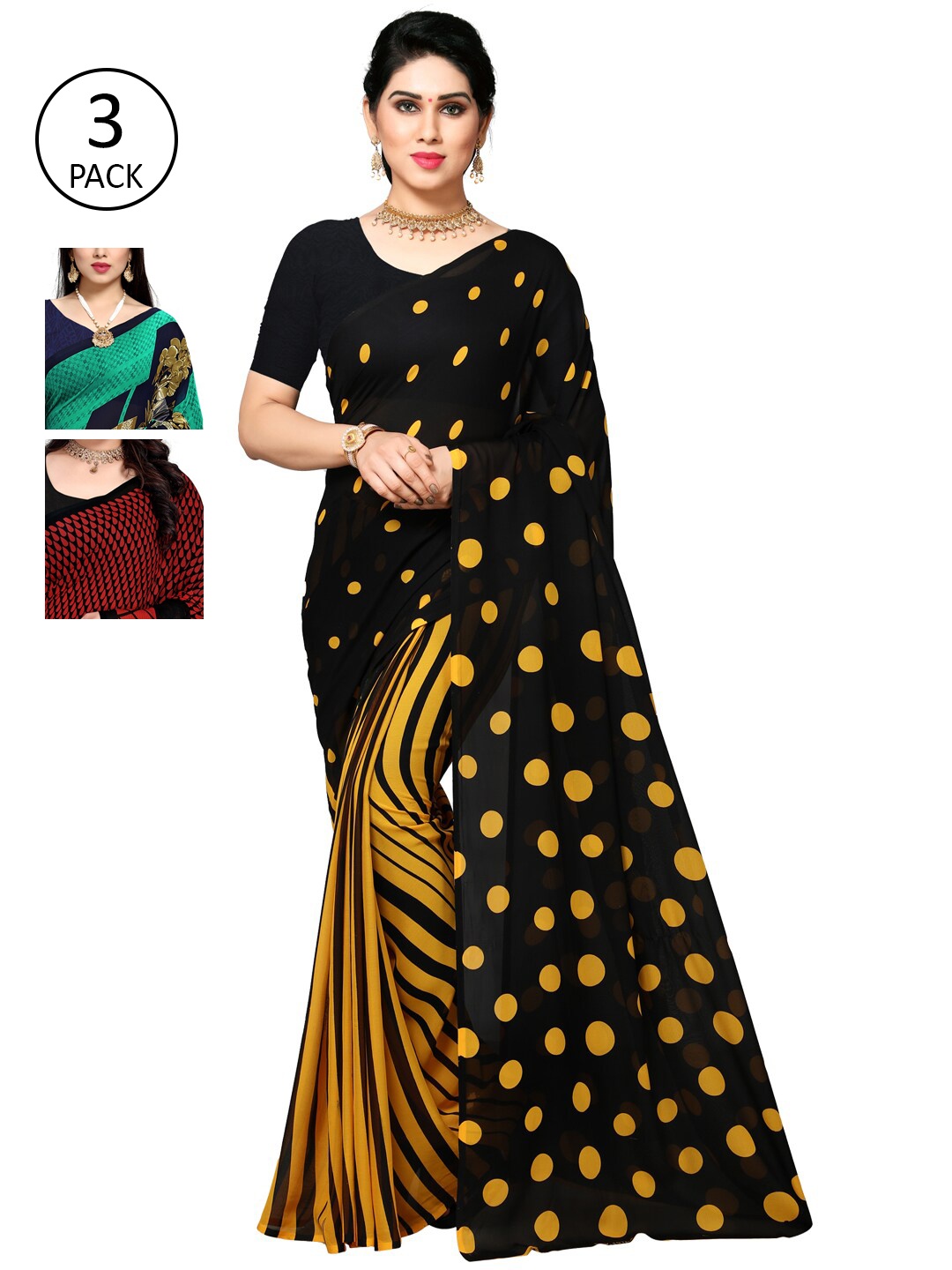 

KALINI Pack Of 3 Printed Sarees, Yellow