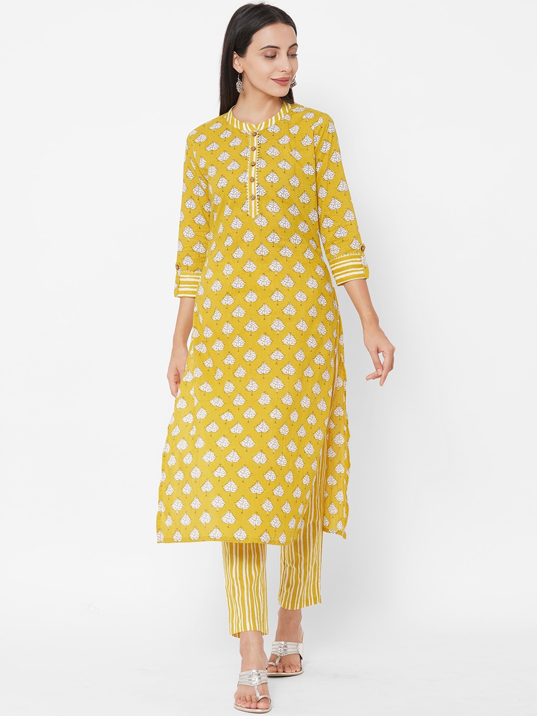 

FASHOR Women Mustard Yellow & White Block Printed Pure Cotton Kurta with Trousers