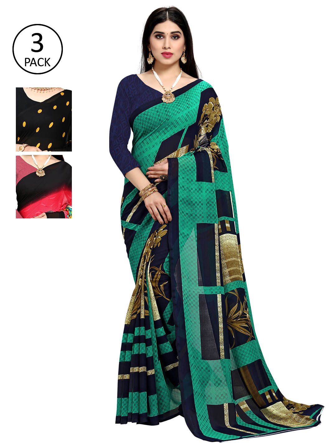

KALINI Pack Of 3 Printed Sarees, Green