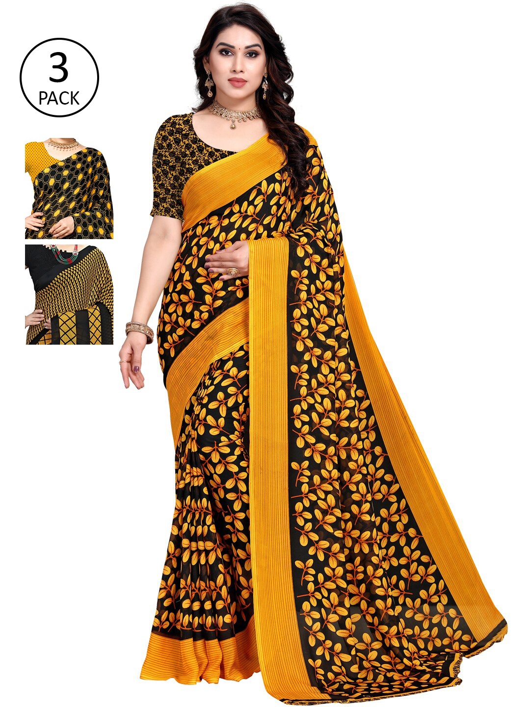 

KALINI Pack of 3 Yellow & Black Saree