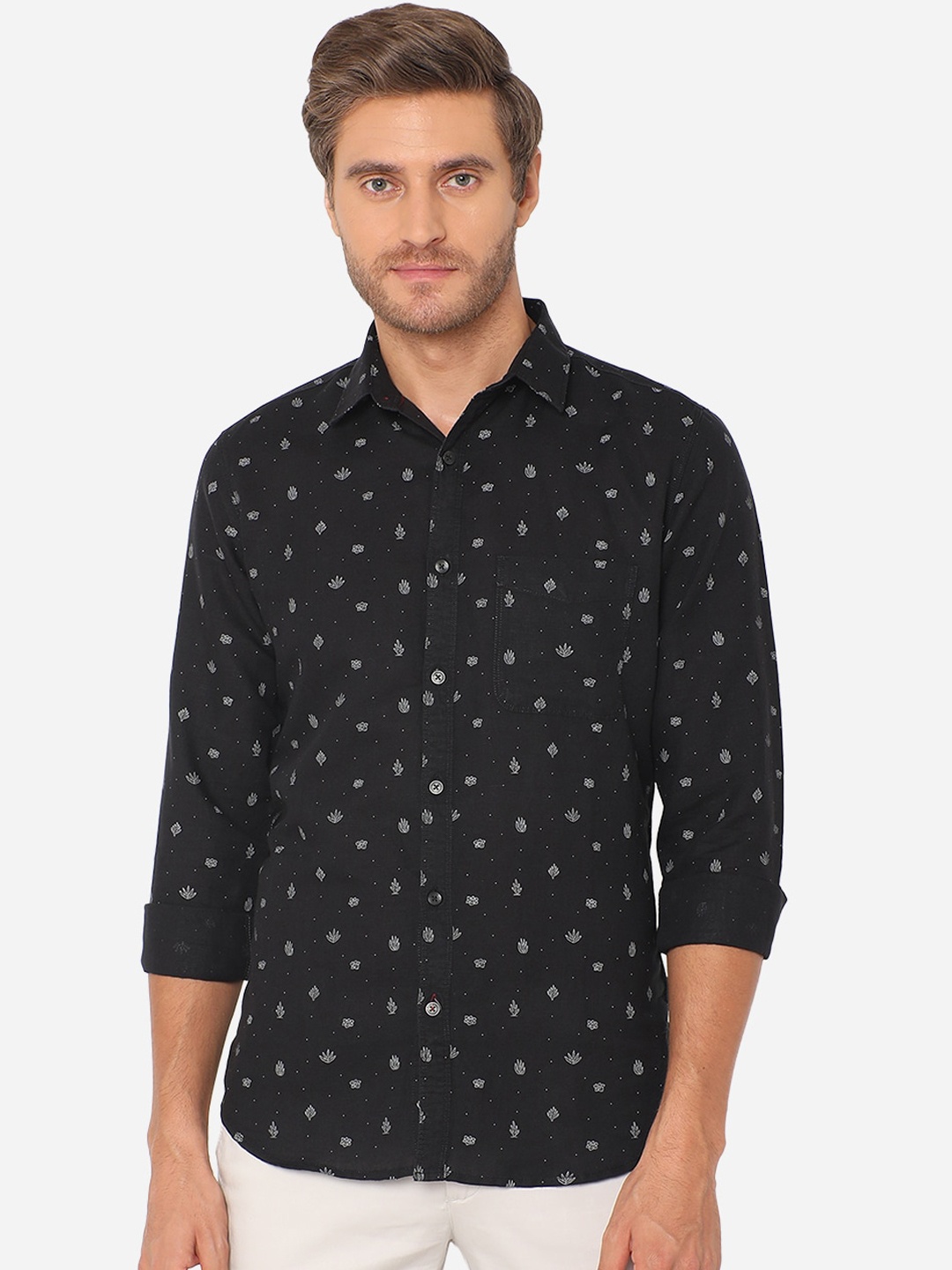 

JADE BLUE Men Black Slim Fit Printed Pure Cotton Casual Shirt