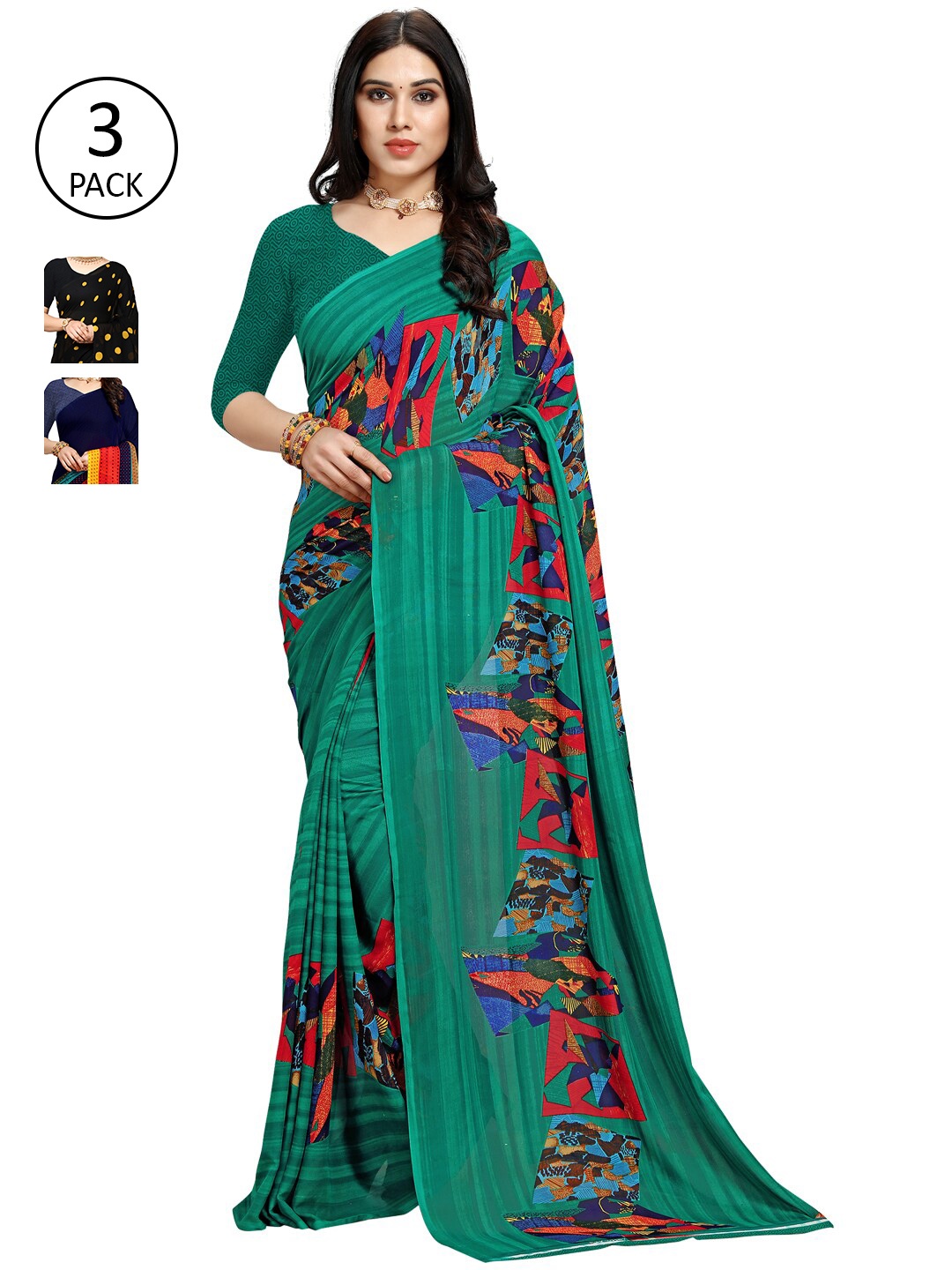 

KALINI Pack of 3 Poly Georgette Sarees, Navy blue