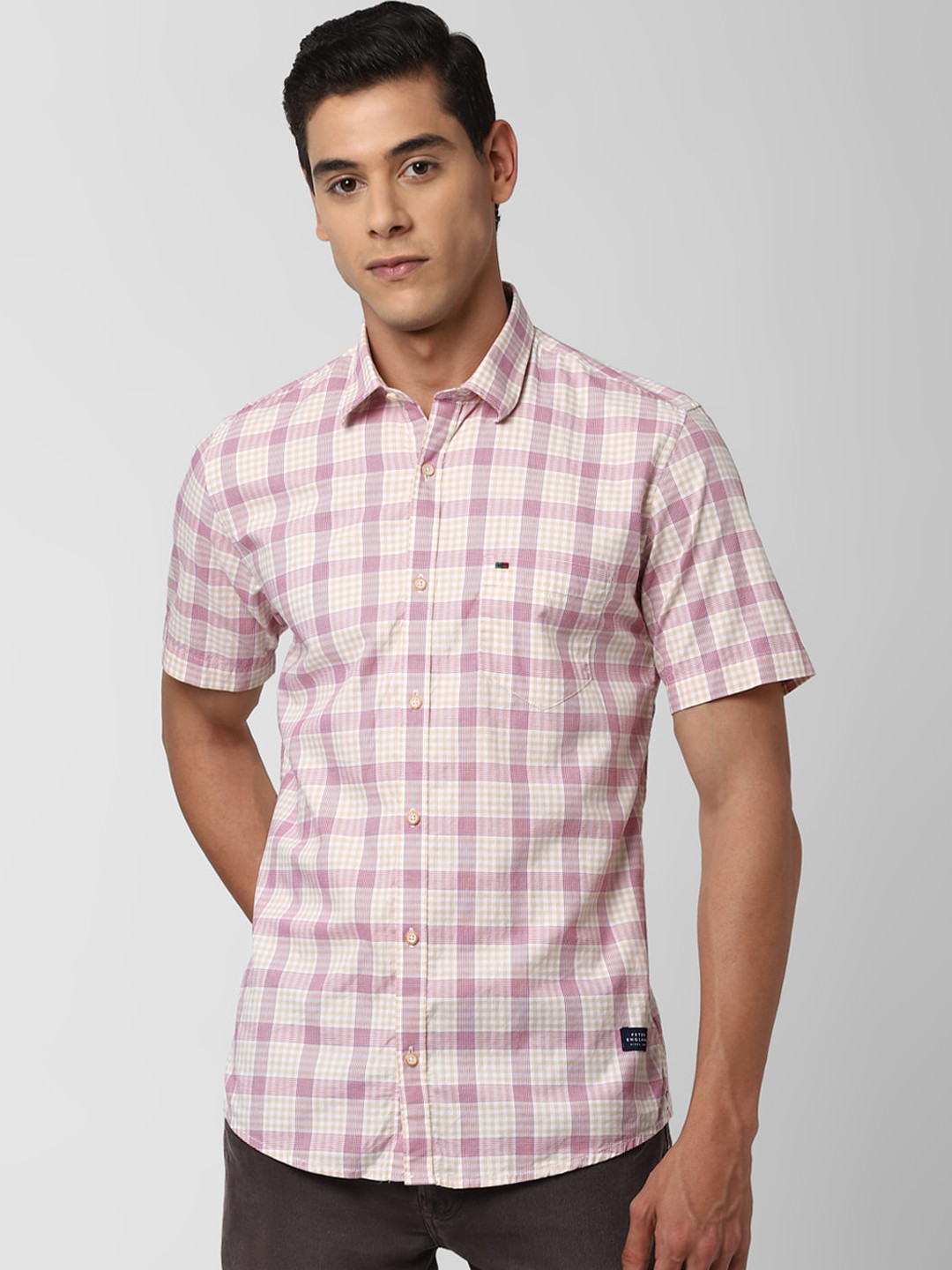 

Peter England Casuals Men Pink & Yellow Pure Cotton Slim Fit Checked Casual Shirt