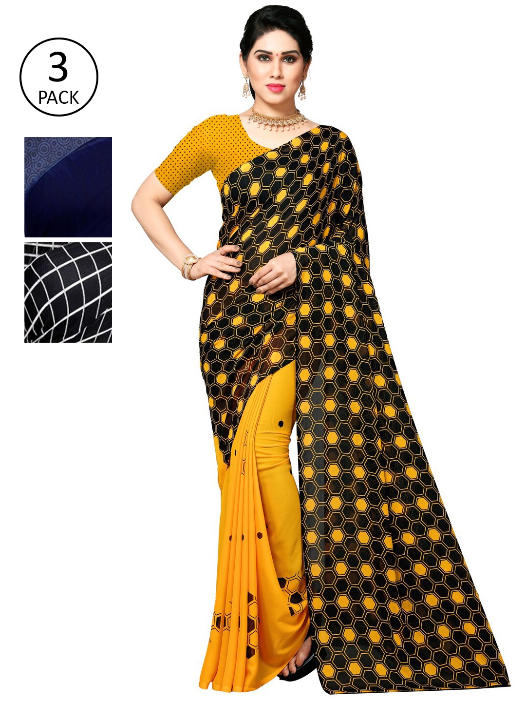 

KALINI Pack of 3 Poly Georgette Sarees, Yellow