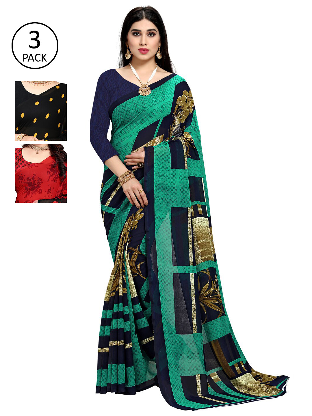 

KALINI Multicoloured Set of 3 Poly Georgette Saree, Multi