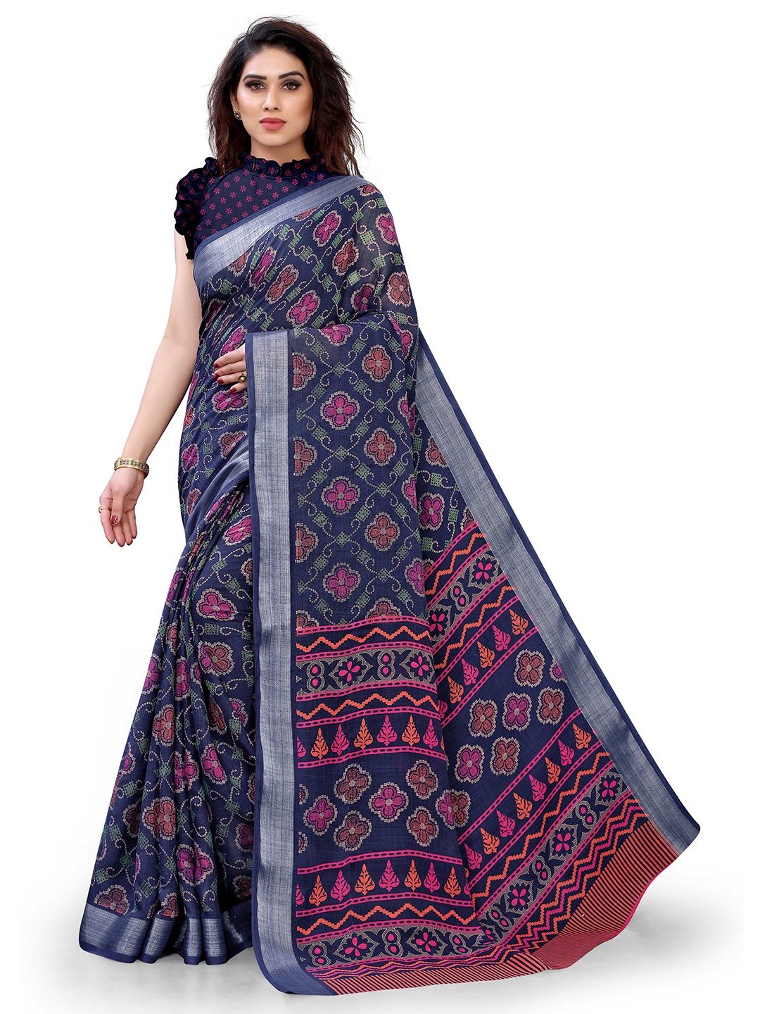 

KALINI Navy Blue & Pink Ethnic Motifs Linen Blend Bagh Saree