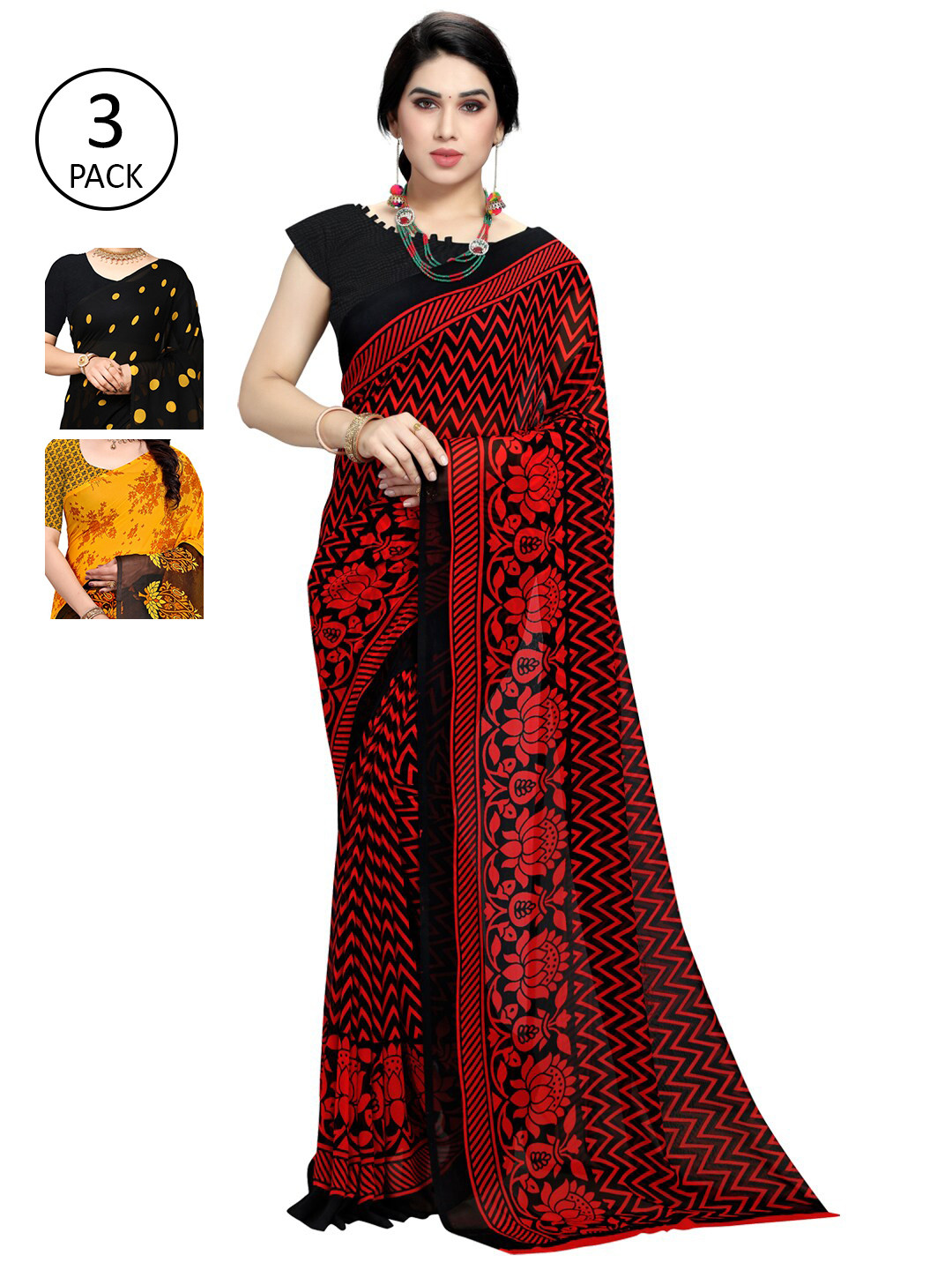 

KALINI Pack of 3 Poly Georgette Printed Sarees, Mustard