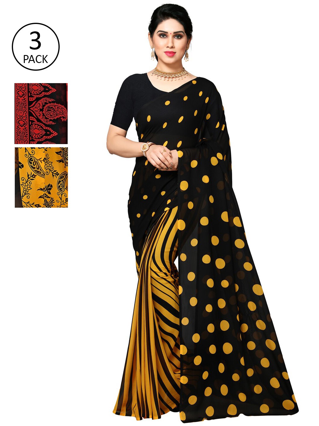 

KALINI Pack of 3 Poly Georgette Printed Sarees, Mustard