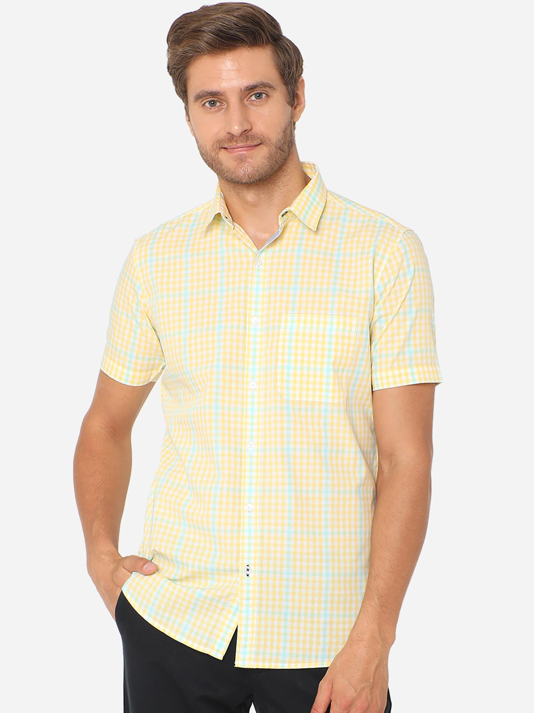 

JADE BLUE Men Yellow & White Checked Slim Fit Pure Cotton Casual Shirt