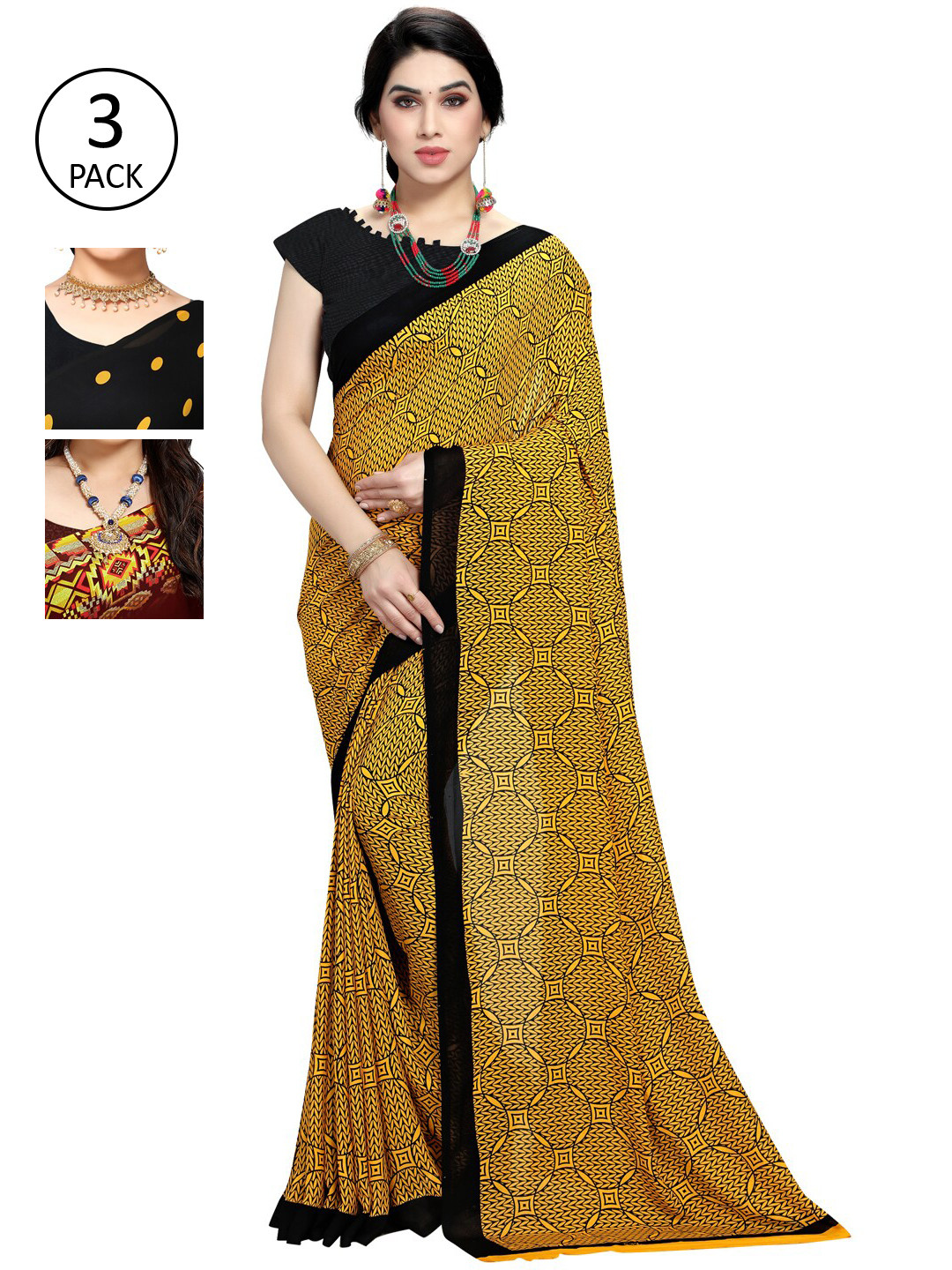 

KALINI Yellow & Maroon Pack of 3 Printed Saree