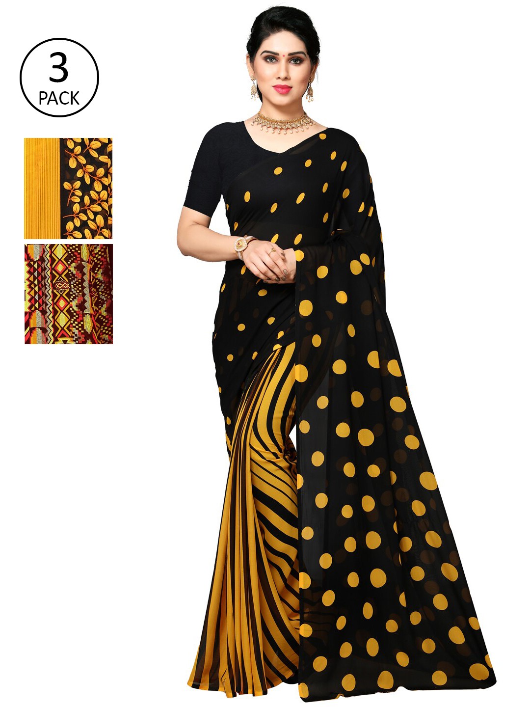 

KALINI Pack of 3 Poly Georgette Sarees, Yellow