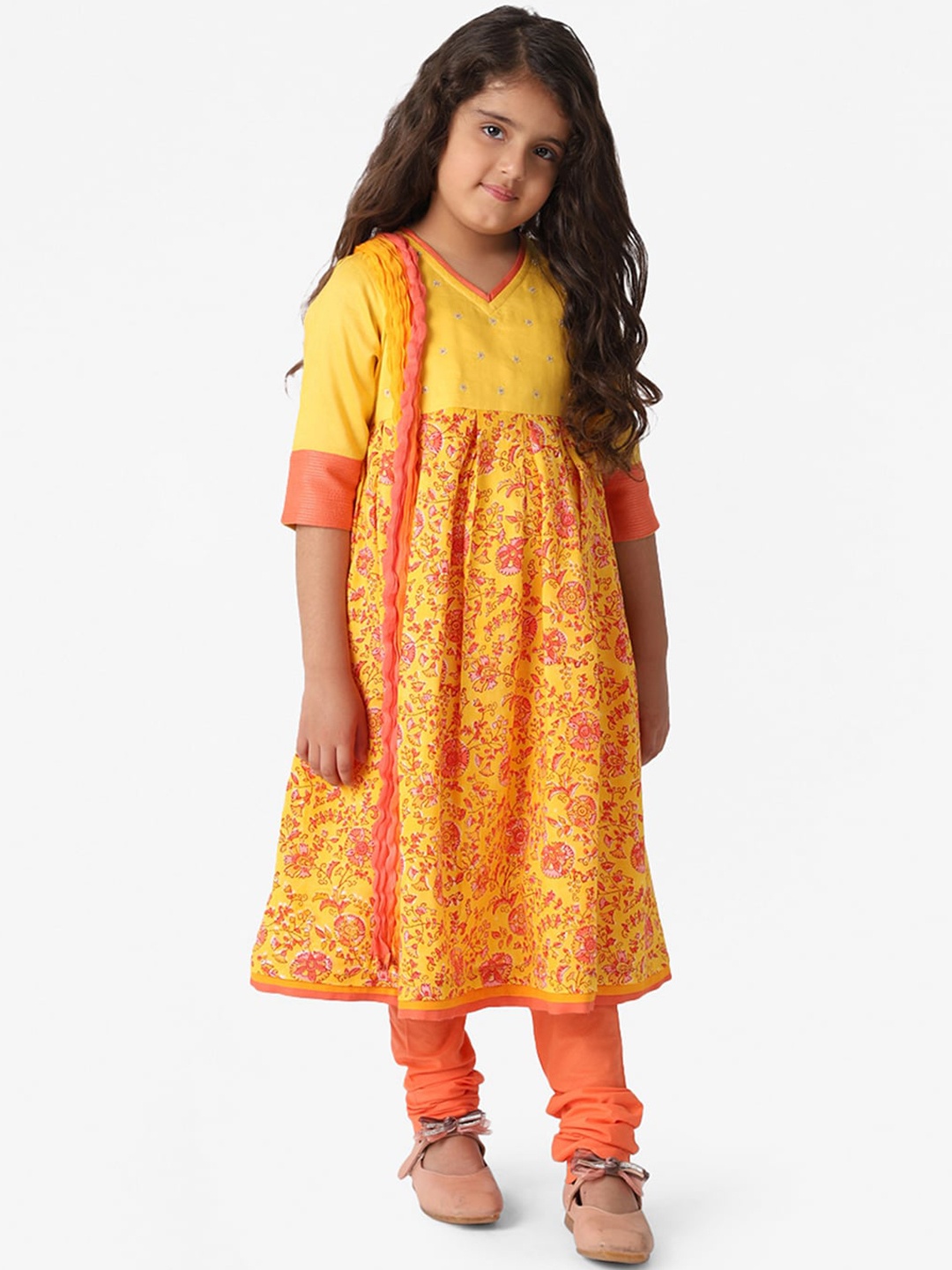 

Fabindia Girls Yellow and Orange Printed Empire Kurta with Churidar