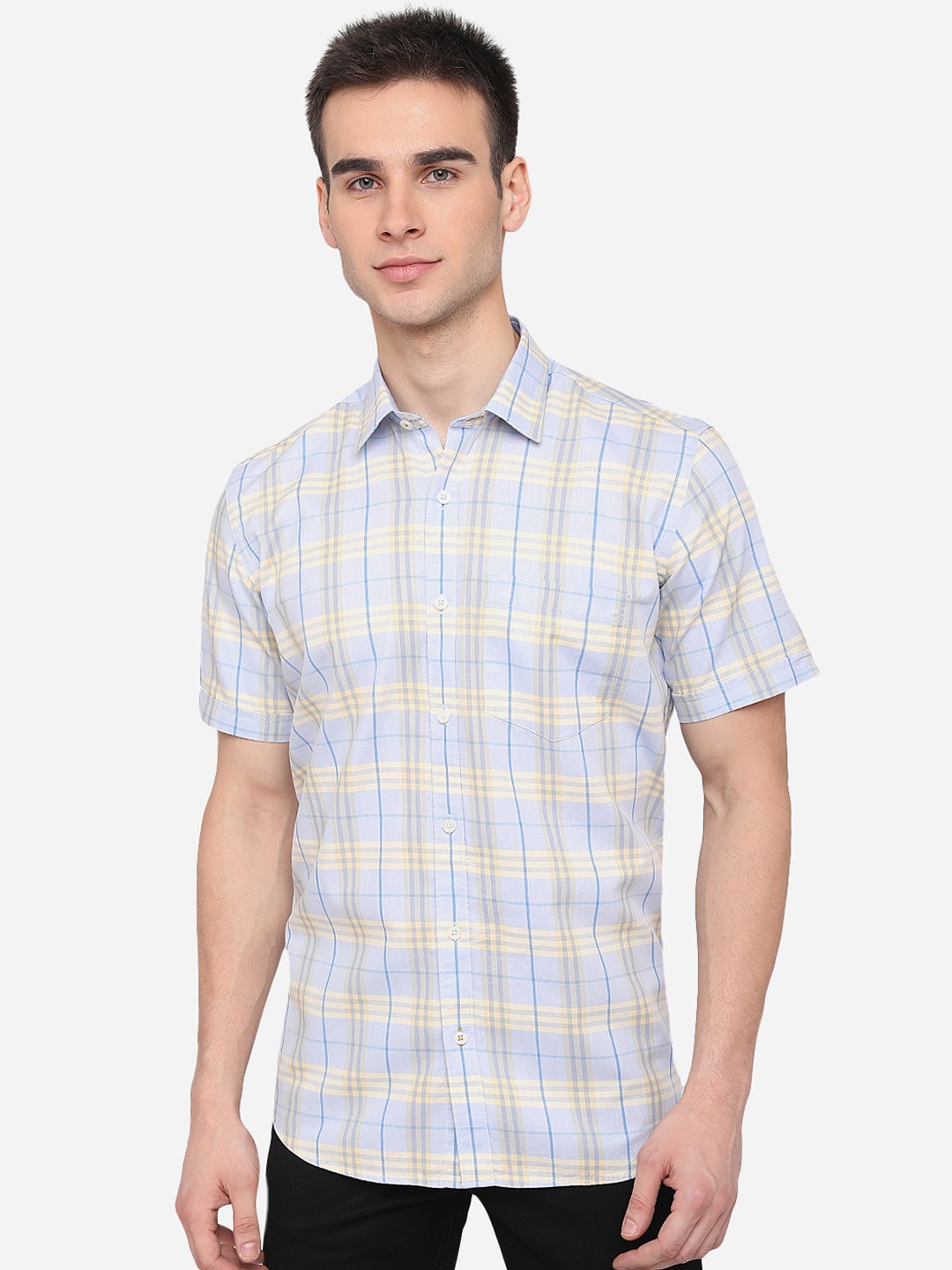 

Greenfibre Men Blue Slim Fit Windowpane Checks Checked Pure Cotton Casual Shirt