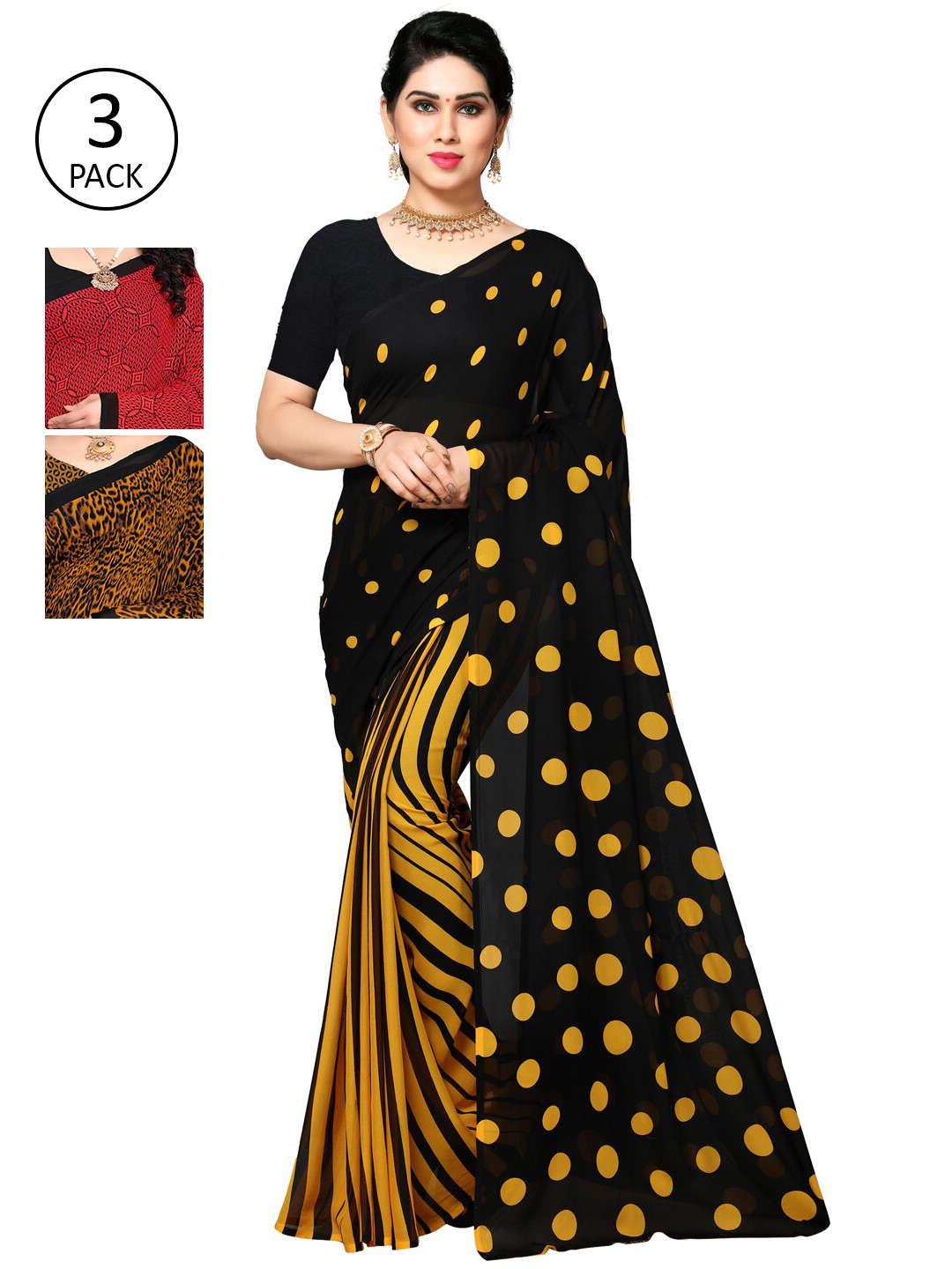 

KALINI Pack of 3 Printed Poly Georgette Saree, Multi