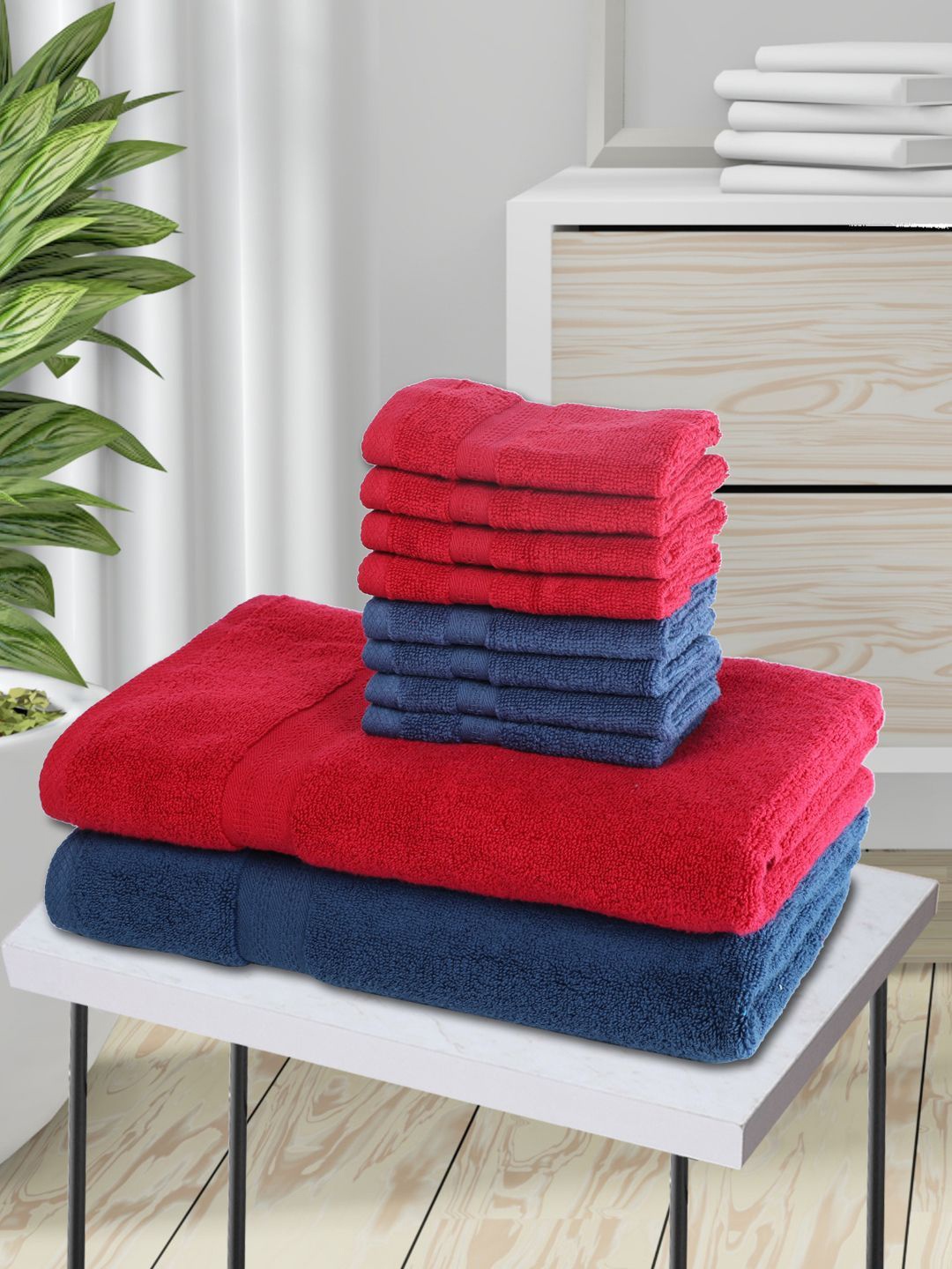 

BIANCA Set Of 10 Red & Blue Solid 380 GSM Pure Combed Cotton Terry Towels