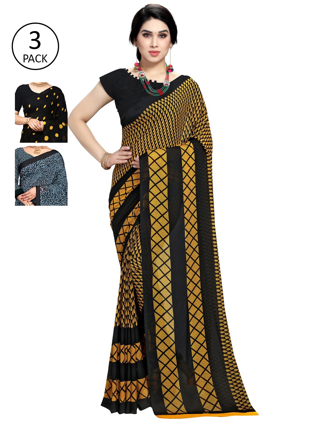 KALINI Yellow & Black Pack of 3 Printed Saree