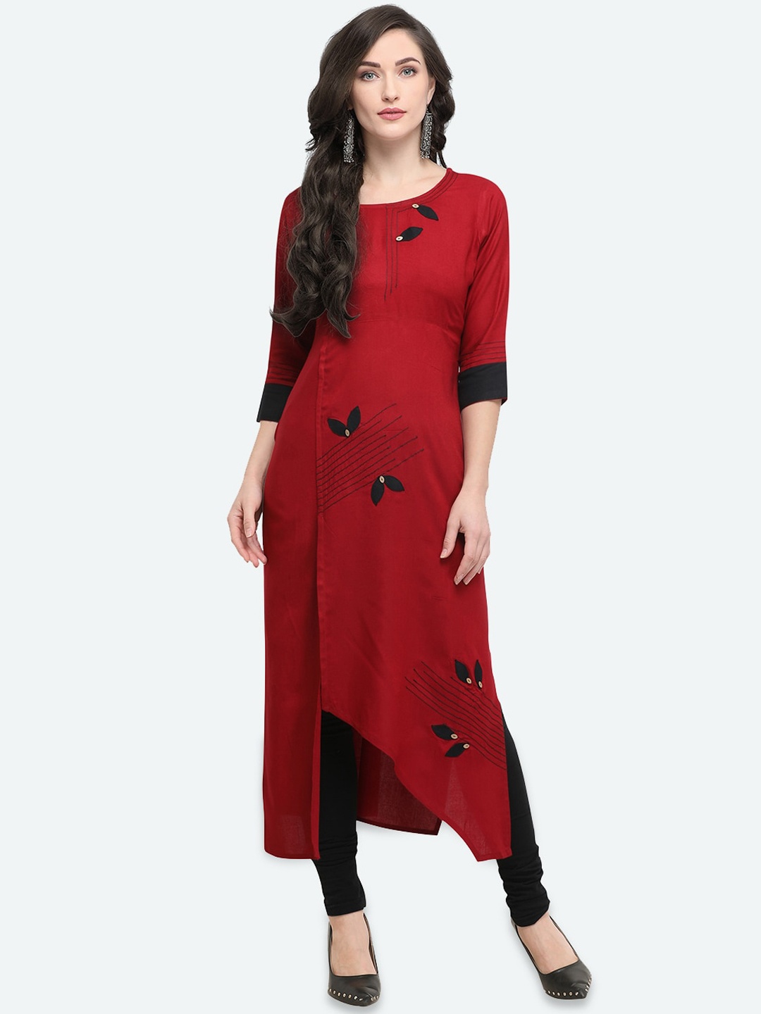 

Kvsfab Women Red Embroidered Patchwork Kurta