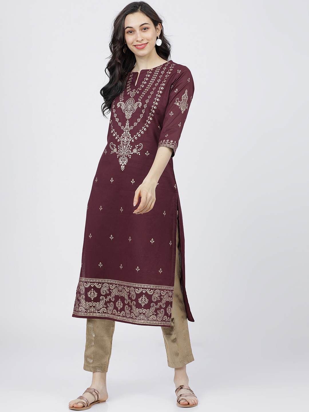 

Vishudh Women Burgundy and Gold Printed Straight Kurta